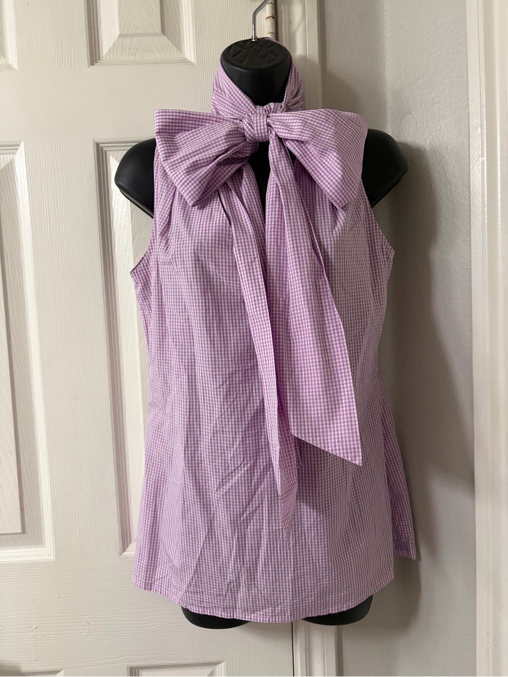 Double R Ravi Ratan Purple/White Gingham Sleeveless V-Neck Tie Neck Blouse M